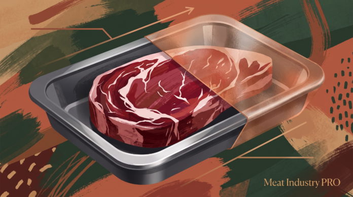 Активная упаковка для мяса на основе хитозана и лигнина с микрокапсулами арганового масла Активная упаковка для мяса на основе хитозана и лигнина с микрокапсулами арганового масла — иллюстрация лотка из тёмного материала с прозрачной плёночной крышкой и куском мраморной говядины внутри, выполненная в живописной манере маслом: охристо-терракотовые, оливково-зелёные и коричневые мазки фона, золотистые схематичные линии и стрелка-указатель над лотком, точечные вкрапления микрокапсул, логотип Meat Industry PRO в правом нижнем углу