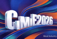 CIMIE 2026: главная площадка технологий мясной промышленности Китая CIMIE 2026: главная площадка технологий мясной промышленности Китая — объёмный логотип CIMIE 2026 на абстрактном фоне из синих, оранжевых и бирюзовых динамичных волн, Meat Industry PRO