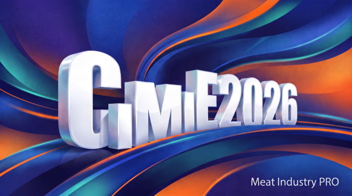 CIMIE 2026: главная площадка технологий мясной промышленности Китая CIMIE 2026: главная площадка технологий мясной промышленности Китая — объёмный логотип CIMIE 2026 на абстрактном фоне из синих, оранжевых и бирюзовых динамичных волн, Meat Industry PRO