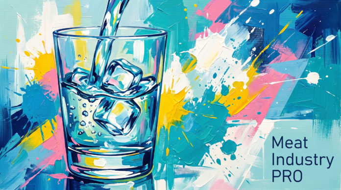 Электролизованная вода в мясной отрасли как экологичная альтернатива химическим дезинфектантам Электролизованная вода в мясной отрасли как экологичная альтернатива химическим дезинфектантам — живописная иллюстрация маслом: прозрачный стакан с кубиками льда, в который наливают чистую воду, на фоне экспрессивных мазков в бирюзово-голубой, жёлтой, розовой и тёмно-синей гамме с брызгами краски, логотип Meat Industry PRO в правом нижнем углу