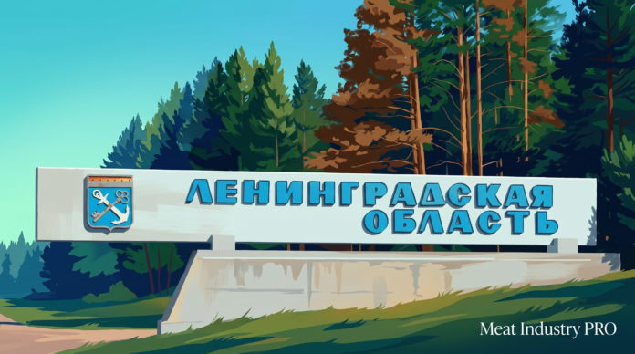 Идаванг Луга построит вторую очередь свиноводческого комплекса на 98 тысяч свиней в год — стилизованная иллюстрация придорожного знака «Ленинградская область» с гербом региона на фоне хвойного леса в бирюзово-зелёной палитре, Meat Industry PRO