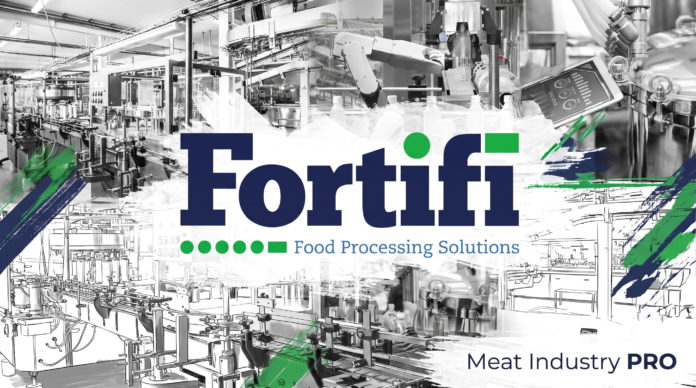 Инновационное оборудование Fortifi и SEPAmatic: новые горизонты сепарации в мясной отрасли Инновационное оборудование Fortifi и SEPAmatic: новые горизонты сепарации в мясной отрасли — техническая иллюстрация в стиле промышленного чертежа с логотипом Fortifi Food Processing Solutions и схемами сепараторов, насосов, дозаторов и конвейерных модулей на серо-зелёном фоне, Meat Industry PRO