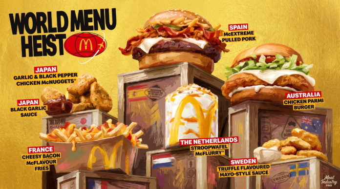 McDonald's Canada World Menu Heist возвращает глобальные вкусы — промо-плакат с бургерами и закусками из Японии, Испании, Австралии, Франции, Нидерландов и Швеции