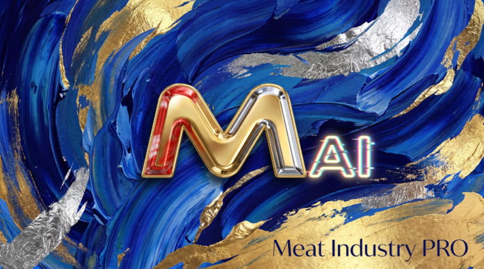 Meat AI (品肉): как китайский ИИ меняет мясную отрасль — художественная 3D-композиция на фоне широких мазков синей масляной краски с вкраплениями золотой и серебряной фольги: объёмная буква «M» в золото-красно-серебряном глянцевом исполнении с аббревиатурой «AI» в неоновом глитч-стиле справа, логотип Meat Industry PRO в правом нижнем углу, Meat Industry PRO