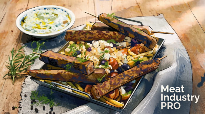 Мясокомбинат Scan запустил семь новых продуктов из шведской свинины Мясокомбинат Scan запустил семь новых продуктов из шведской свинины — мясные колбаски-кебаб на шпажках в металлическом лотке с салатом из феты, маслин и овощей, соус цацики, розмарин, Meat Industry PRO