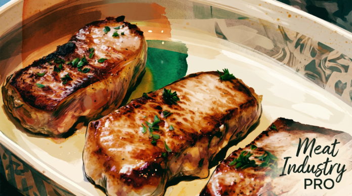 Низкотемпературная плазма и органические кислоты против Salmonella и Listeria в свинине Низкотемпературная плазма и органические кислоты против Salmonella и Listeria в свинине — кулинарная иллюстрация маслом: три куска свежеприготовленной свинины с глянцевой золотисто-коричневой корочкой на белом керамическом лотке, посыпанные свежим зелёным луком и чёрным перцем, на фоне размытых мазков зелени и охристой краски с полупрозрачными слоями, логотип Meat Industry PRO в правом нижнем углу чёрного и светлого цветов