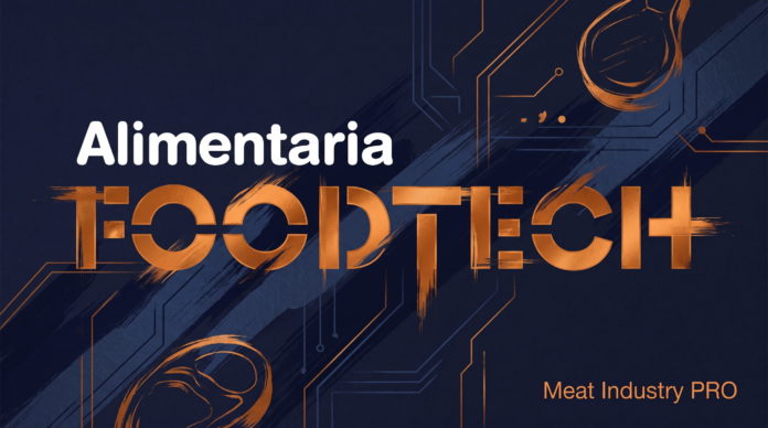 Оборудование для мясопереработки Fortifi на Alimentaria FoodTech 2026 — логотип выставки Alimentaria FoodTech на тёмно-синем фоне с медными технологическими схемами и контурами оборудования, Meat Industry PRO
