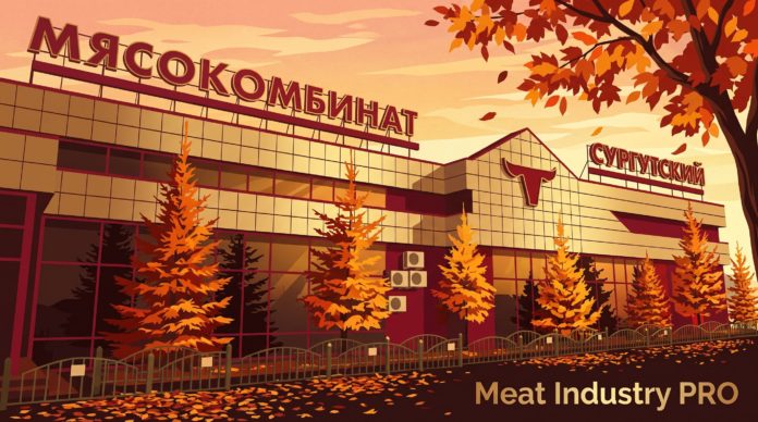 Сургутский мясокомбинат представил колбасу с коньяком Сургутский мясокомбинат представил колбасу с коньяком — осенний фасад производственного здания с вывесками «Мясокомбинат» и «Сургутский» в тёплых оранжево-золотых тонах, Meat Industry PRO