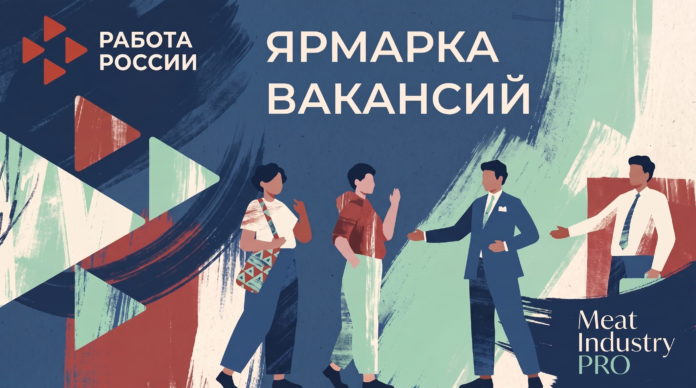 В центре занятости Суражского района прошла ярмарка вакансий Брянской мясной компании — иллюстрированный баннер «Ярмарка вакансий» портала «Работа России» с изображением соискателей и работодателей