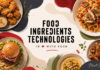 Заменитель фосфатов для мясопереработки от Food Ingredients Technologies Заменитель фосфатов для мясопереработки от Food Ingredients Technologies — фирменный коллаж с надписью FOOD INGREDIENTS TECHNOLOGIES в центре и блюдами вокруг: куриные наггетсы с соусом, паста с курицей и томатами, бургер с картофелем фри, курица в соусе терияки и хумус с нутом, Meat Industry PRO