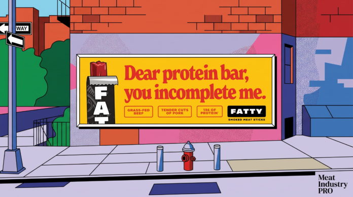 Абсурдный маркетинг мясных снеков FATTY разрушает стереотипы Абсурдный маркетинг мясных снеков FATTY разрушает стереотипы — рекламный билборд в мультяшном стиле