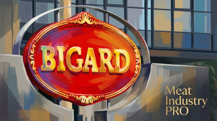 Bigard запускает крупнейшую OOH-кампанию в поддержку красного мяса Bigard запускает крупнейшую OOH-кампанию в поддержку красного мяса — живописная городская иллюстрация: крупная вывеска-эмблема на фасаде здания — красный овал с золотой фигурной рамкой и растительным орнаментом по верхнему и нижнему краю, внутри объёмными золотыми буквами надпись «BIGARD»; эмблема укреплена на изогнутом металлическом кронштейне; позади — стеклянный фасад с тёмными переплётами окон, отражающими синие и охристые тона; живописные мазки серого, лазурного и бежевого цвета, логотип Meat Industry PRO золотым шрифтом в правом нижнем углу