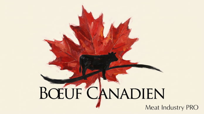 Canada Beef запускает многоканальную кампанию в Торонто — стилизованный красный кленовый лист, выполненный широкими живописными мазками, с чёрным силуэтом коровы в центре и динамичными чёрными линиями; в нижней части размещена надпись «BOEUF CANADIEN», справа внизу логотип Meat Industry PRO на светлом кремовом фоне.