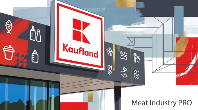 Экзоскелеты и роботы для разделки мяса: опыт Kaufland Экзоскелеты и роботы для разделки мяса: опыт Kaufland — векторная иллюстрация фасада магазина: навесная вывеска с белым полем, красной рамкой и красно-белым логотипом сети в виде буквы «K» из геометрических блоков, ниже красная надпись «Kaufland»; на угловой панели тёмно-серого цвета белые пиктограммы товарных категорий — рыба, бутылки, стакан, детская бутылочка, хлеб, снежинка, куриная ножка, мясной окорок, столовые приборы, яйца, колбаса; справа линейный чертёж-эскиз стеллажей и торговых конструкций, золотые мазки и красные цветовые плоскости; витринные окна с отражением деревьев; подпись Meat Industry PRO чёрным шрифтом в правом нижнем углу