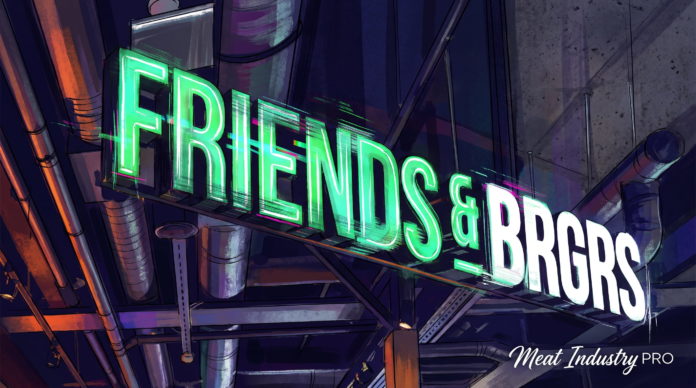 Friends & Brgrs раздала 14 500 бесплатных бургеров производителям — неоновая вывеска бургерной в стиле цифровой живописи с глитч-эффектом: крупные объёмные буквы названия «FRIENDS & BRG» выполнены в ярко-зелёном неоновом свечении с белой заливкой, светящимся контуром и характерными горизонтальными сдвигами и полосами цифрового искажения; вывеска наклонена по диагонали и закреплена на металлической раме; позади и вокруг промышленный интерьер — толстые трубы и воздуховоды из нержавеющей стали с бликами, отражающими оранжевый и фиолетовый свет, металлические балки, подвесные крепления, бетонные стены с фактурой; фон в глубоких сине-фиолетовых и тёмно-серых тонах с холодным контражуром и тёплыми оранжевыми отсветами; в правом нижнем углу белая рукописная надпись «Meat Industry PRO»