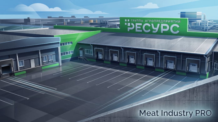 ГАП «Ресурс» открыла экспорт в ОАЭ с сертификатом HALAL ГАП «Ресурс» открыла экспорт в ОАЭ с сертификатом HALAL — 3D-визуализация производственного комплекса группы агропредприятий «Ресурс»: вытянутые корпуса с серыми скатными крышами и тёмно-синими стенами, ряд погрузочных доков для рефрижераторов, зелёная вывеска на фасаде с надписью «ГРУППА АГРОПРЕДПРИЯТИЙ РЕСУРС» белыми объёмными буквами; асфальтированная площадка с белой разметкой для большегрузного транспорта, зелёные акцентные полосы на стенах, голубое небо с облаками; подпись Meat Industry PRO серым шрифтом в правом нижнем углу