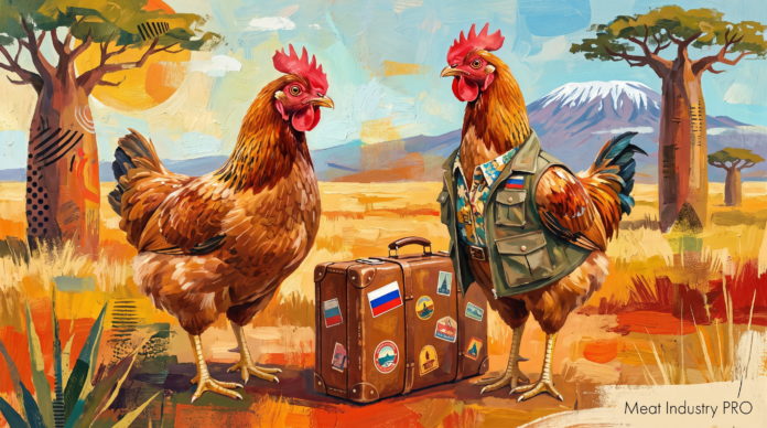 ГАП «Ресурс» ускорит открытие рынка ЮАР для экспорта мяса птицы — иллюстрация в стиле цифровой живописи с африканским пейзажем: два петуха в центре композиции, слева петух рыжий с яркой красной головой и чёрными пятнами на крыльях, справа в хаки-жилете с пёстрой кокардой; между ними старый коричневый чемодан с наклейками флагов и логотипов путешествий, включая российский триколор; позади чемодана африканский ландшафт: баобабы с широкими стволами и раскидистыми кронами слева и справа, гора Килиманджаро с белой вершиной на горизонте, жёлтая саванна с красными и оранжевыми полями, голубое небо с жёлтым солнцем; растительность передана тёплыми охристыми и красными мазками; справа внизу белая надпись Meat Industry PRO