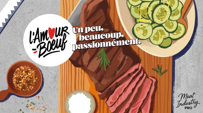 «Любовь к говядине» по-французски: осенняя волна кампании Interbev — флэт-иллюстрация вида сверху на кухонную доску: в центре крупный кусок запечённой говядины с подрумяненной корочкой и ломтиками розового мяса на срезе, рядом веточка розмарина и зубчик чеснока; слева белый круг с логотипом кампании — чёрной рукописной надписью «L'AMOUR» с красным сердцем вместо буквы «O» и подчёркнутым словом «BŒUF», справа белыми объёмными буквами слоган «Un peu, beaucoup, passionnément»; вокруг — тарелка с маринованными огурцами, глиняная мисочка с жареным луком, чаша с солью, нож и зелень; серо-бежевый фон с джутовой текстурой; логотип Meat Industry PRO чёрным рукописным шрифтом в правом нижнем углу