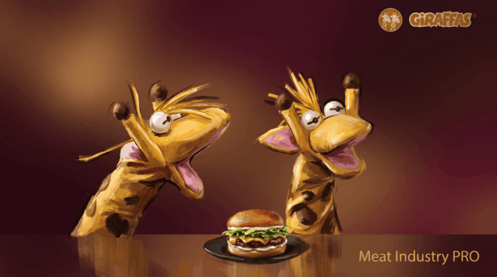 Маркетинг Giraffas использует звук для продажи пиканьи и говядины — карикатурная иллюстрация двух жирафов в стиле 3D-анимации на тёмно-коричневом градиентном фоне: жирафы с жёлтыми телами, розовыми ушами и раздутыми щеками в позах радостного удивления; между ними на чёрной круглой тарелке золотистый бургер с мясной котлетой, зелёными листьями салата и булочкой; глаза жирафов закрыты, рты открыты широко, что создаёт впечатление восторга и звукоимитации; в левом верхнем углу логотип Giraffas в коричневой обводке; справа внизу золотистая надпись Meat Industry PRO