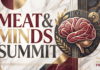 Meat & Minds Summit: практические решения для мясной отрасли Афиша Meat & Minds Summit: практические решения для мясной отрасли — надпись «MEAT & MINDS SUMMIT» крупными антиквенными буквами бордового, песочного и графитового цвета в золотой рамке на фоне белого мрамора с прожилками; справа в тёмном круге стилизованное изображение мозга в виде мраморного куска мяса с бордовыми мышечными волокнами и белыми прожирками, золотая лавровая ветвь и значки идей — лампа, мишень, око, атом и шестерёнки; по краям композиции тёмно-серые мраморные панели и золотые геометрические линии; логотип Meat Industry PRO в правом нижнем углу