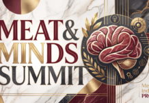 Meat & Minds Summit: практические решения для мясной отрасли Афиша Meat & Minds Summit: практические решения для мясной отрасли — надпись «MEAT & MINDS SUMMIT» крупными антиквенными буквами бордового, песочного и графитового цвета в золотой рамке на фоне белого мрамора с прожилками; справа в тёмном круге стилизованное изображение мозга в виде мраморного куска мяса с бордовыми мышечными волокнами и белыми прожирками, золотая лавровая ветвь и значки идей — лампа, мишень, око, атом и шестерёнки; по краям композиции тёмно-серые мраморные панели и золотые геометрические линии; логотип Meat Industry PRO в правом нижнем углу