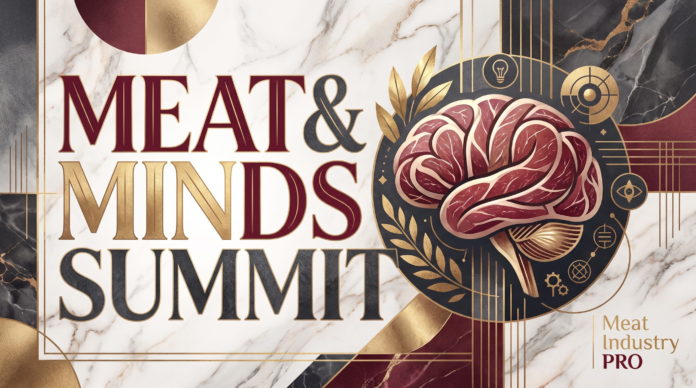Афиша Meat & Minds Summit: практические решения для мясной отрасли — надпись «MEAT & MINDS SUMMIT» крупными антиквенными буквами бордового, песочного и графитового цвета в золотой рамке на фоне белого мрамора с прожилками; справа в тёмном круге стилизованное изображение мозга в виде мраморного куска мяса с бордовыми мышечными волокнами и белыми прожирками, золотая лавровая ветвь и значки идей — лампа, мишень, око, атом и шестерёнки; по краям композиции тёмно-серые мраморные панели и золотые геометрические линии; логотип Meat Industry PRO в правом нижнем углу