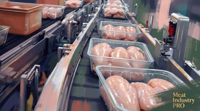 Мультиспектральные камеры Scanway повысят объективность контроля мясного сырья Мультиспектральные камеры Scanway повысят объективность контроля мясного сырья — производственная линия мясоперерабатывающего цеха в технике 3D-рендеринга с киноматографическим освещением: конвейерная система с прозрачными контейнерами из пластика, содержащими куски свежего мяса в розово-красных тонах с белыми прожилками жира, контейнеры расположены в линию вдоль конвейра; позади контейнеров стальная рама и направляющие конвейера в тёмно-сером и чёрном цвете; слева видна кирпичная красно-коричневая стена с бликами света и тенями, справа зелёная стена с красной пожарной тревожной кнопкой и жёлтыми табличками; сверху падает естественный свет, создающий глубокие тени и контрастное освещение; внизу справа золотистая надпись 'Meat Industry PRO' в элегантном шрифте с засечками