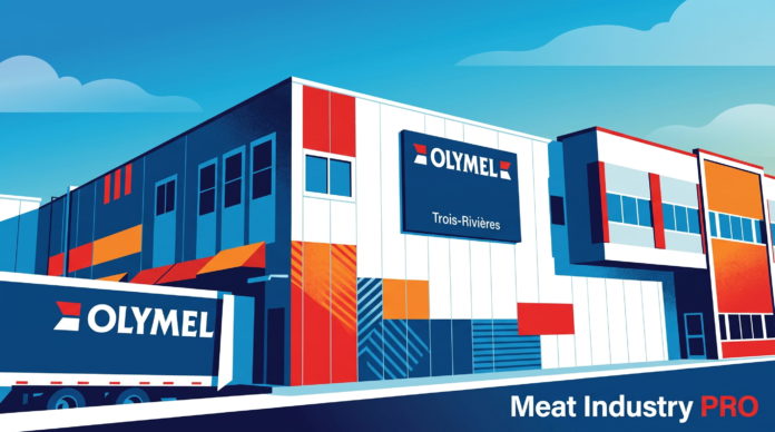 Olymel открыла завод в Труа-Ривьер после модернизации за $142 млн Olymel открыла завод в Труа-Ривьер после модернизации за $142 млн — векторная иллюстрация производственного здания в стиле флэт: синие, белые и оранжевые фасадные панели с диагональными штриховыми вставками и рядом прямоугольных окон, на фасаде тёмно-синяя вывеска с надписью «OLYMEL» и подписью «Trois-Rivières», слева у погрузочной зоны стоит фура с тем же логотипом; голубое небо с облаками, справа внизу надпись Meat Industry PRO белым и оранжевым шрифтом