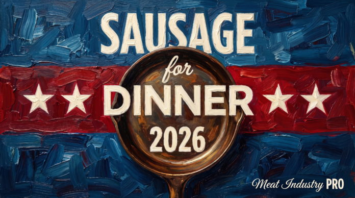 Пародия Sausage for Dinner 2026 в США обошла политическую рекламу Пародия Sausage for Dinner 2026 в США обошла политическую рекламу — живописная иллюстрация в манере густой масляной живописи: полосы синего и красного цвета наподобие флага США, крупные кремово-белые надписи «SAUSAGE», «DINNER» и «2026», рукописное слово «for» и две пары белых пятиконечных звёзд по бокам; в центре композиции тёмная бронзовая сковорода с деревянной ручкой; мазки переданы глубокими синими, алыми, бордовыми и золотистыми тонами, в правом нижнем углу рукописная надпись Meat Industry PRO