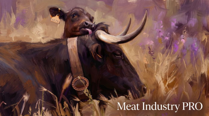 Telefónica Tech запускает AI-пилоты для Carne de Ávila и Santa Teresa Gourmet Telefónica Tech запускает AI-пилоты для Carne de Ávila и Santa Teresa Gourmet — живописная иллюстрация маслом: крупным планом изображён чёрный бык авильской породы с длинными светлыми изогнутыми рогами, жёлтой ушной биркой с номером 4679 и кожаным ремнём с круглым колокольчиком на шее; животное стоит среди высокой сухой травы и фиолетовых полевых цветов, фон передан широкими мазками песочных, охристых, бордовых и лиловых оттенков; логотип Meat Industry PRO белым шрифтом в правом нижнем углу