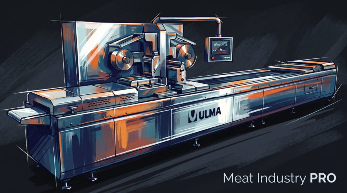 ULMA Packaging открыла двери для мясной отрасли на Open Week ULMA Packaging открыла двери для мясной отрасли на Open Week — живописная индустриальная иллюстрация в манере широкого мазка: длинная автоматическая термоформовочная упаковочная машина из полированной нержавеющей стали с синими и оранжевыми отблесками; на корпусе крупный логотип ULMA, сверху блок подачи плёнки с рулонами, вертикальная стойка, выносной пульт управления с дисплеем New TTX и красной кнопкой; по бокам конвейерные лотки и боковые панели с вентиляционными решётками, машина стоит на регулируемых опорах; тёмный графитовый фон, в правом нижнем углу надпись Meat Industry PRO белым шрифтом