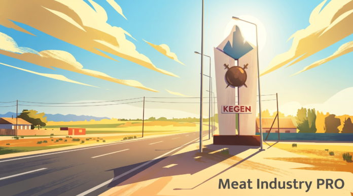 В Казахстане открыли мясоперерабатывающий завод «Кеген МясПром» — степной пейзаж с въездным знаком предприятия в технике современной плоской цифровой иллюстрации: справа высокая белая стела-обелиск трапециевидной формы на тёмно-красном основании, в верхней части эмблема в виде сине-голубой горной вершины, ниже коричневый круглый медальон с двумя скрещёнными элементами, под ним прямоугольная табличка с красной надписью «KEGEN»; за стелой солнце с мягким ореолом и бликующими лучами; слева уходит вдаль асфальтовая дорога с белой разметкой и длинными тенями; по обе стороны выжженная золотисто-жёлтая степь, зелёные полосы полей, низкие дома с оранжевыми крышами, линия электропередачи на тонких опорах, силуэты деревьев; на горизонте голубовато-синие горы и полоса воды; небо светло-голубое с вытянутыми кремово-жёлтыми облаками, написанными широкими мазками; в правом нижнем углу тёмно-серая надпись «Meat Industry PRO»