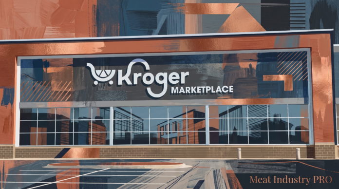 Вирусный провал Kroger: как реклама стейка разрушила доверие к бренду Вирусный провал Kroger: как реклама стейка разрушила доверие к бренду — живописная иллюстрация фасада магазина Kroger Marketplace в смешанной технике: широкие мазки терракотового, кирпично-красного, тёмно-синего и серого цвета, крупная светлая вывеска с фирменным логотипом-тележкой и надписью «Kroger MARKETPLACE»; ниже панорамные витрины с отражением городских зданий, кирпичный цоколь, белые столбики у входа и разметка парковки на переднем плане; в правом нижнем углу надпись Meat Industry PRO золотистым шрифтом